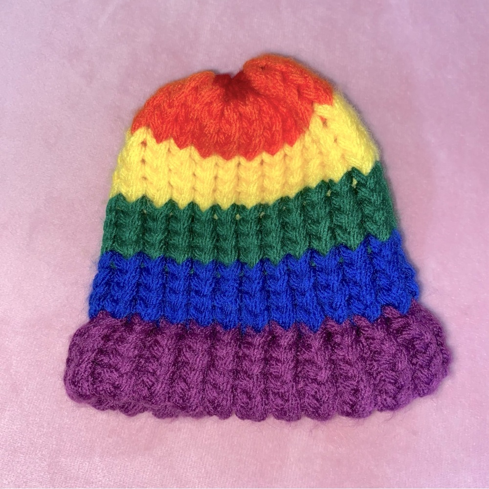 Newborn Hand Knit Beanie Rainbow Striped Hat Winter 0 Handmade Cap New Unworn